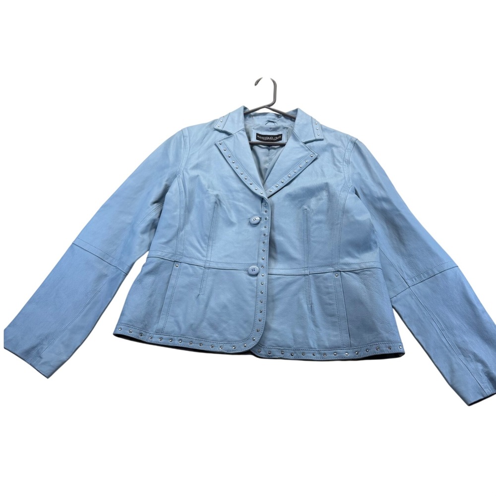 Monterey Bay Leather Jacket Womens 12 Blue Studded Trim Blazer Style Coat F0458